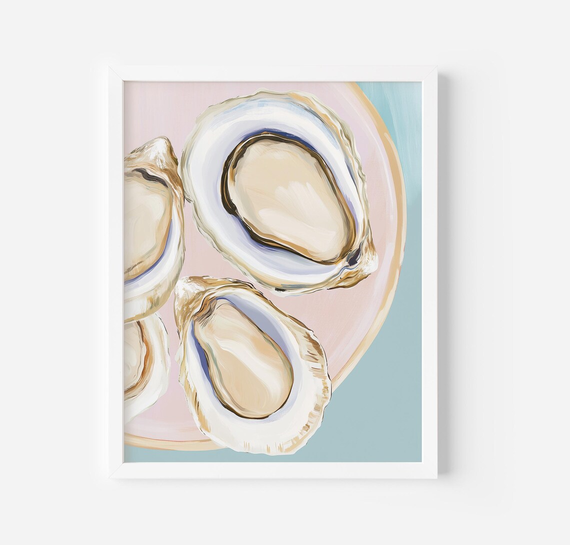 Three Oysters On A Plate Pastel Coastal Seafood Painting Poster