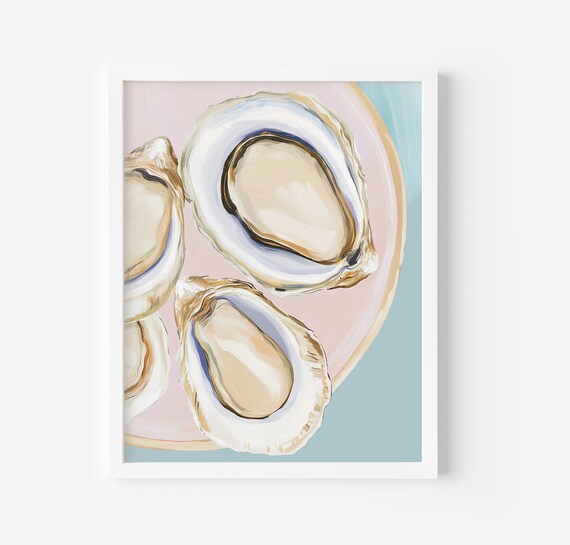Three Oysters On A Plate Pastel Coastal Seafood Painting Poster