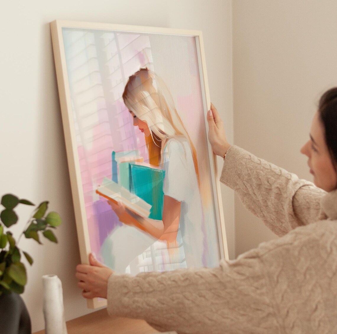 Blonde Girl Reading Books In Soft Pastel Portrait Art Poster - Image 3