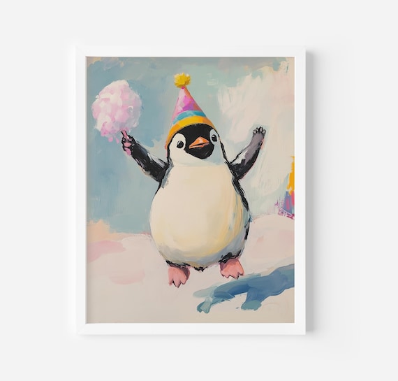 Penguin Birthday Art Print Cute Penguin Party Happy Birthday Penguin Painting Birthday Art Baby Penguin Wall Decor