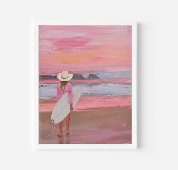 Western Surfer Girl Wall Art Pink Coastal Surf Up Surfer Gift Happy Beach Gallery Wall Girly Beach Painting