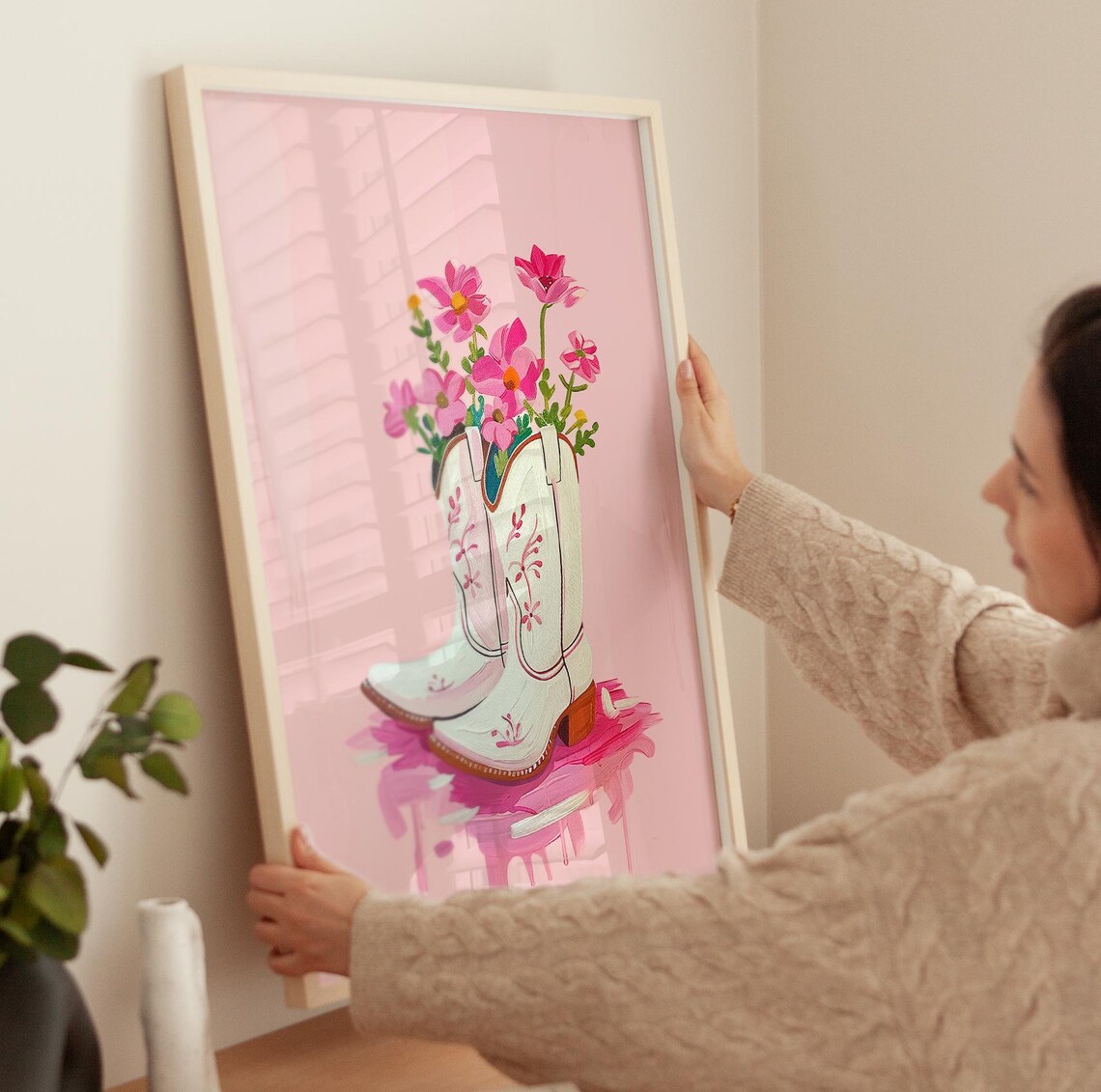 White Cowboy Boots With Pink Flowers Boho Western Cowgirl Art Poster - Image 3