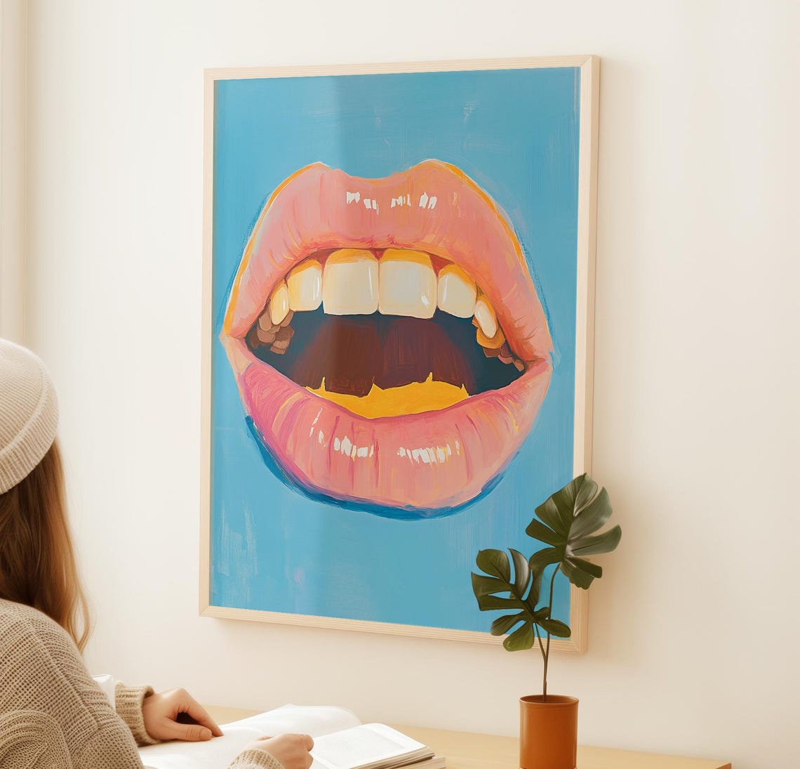 Glossy Pink Lips Open Mouth Retro Pop Art Style Vibrant Beauty Poster - Image 3