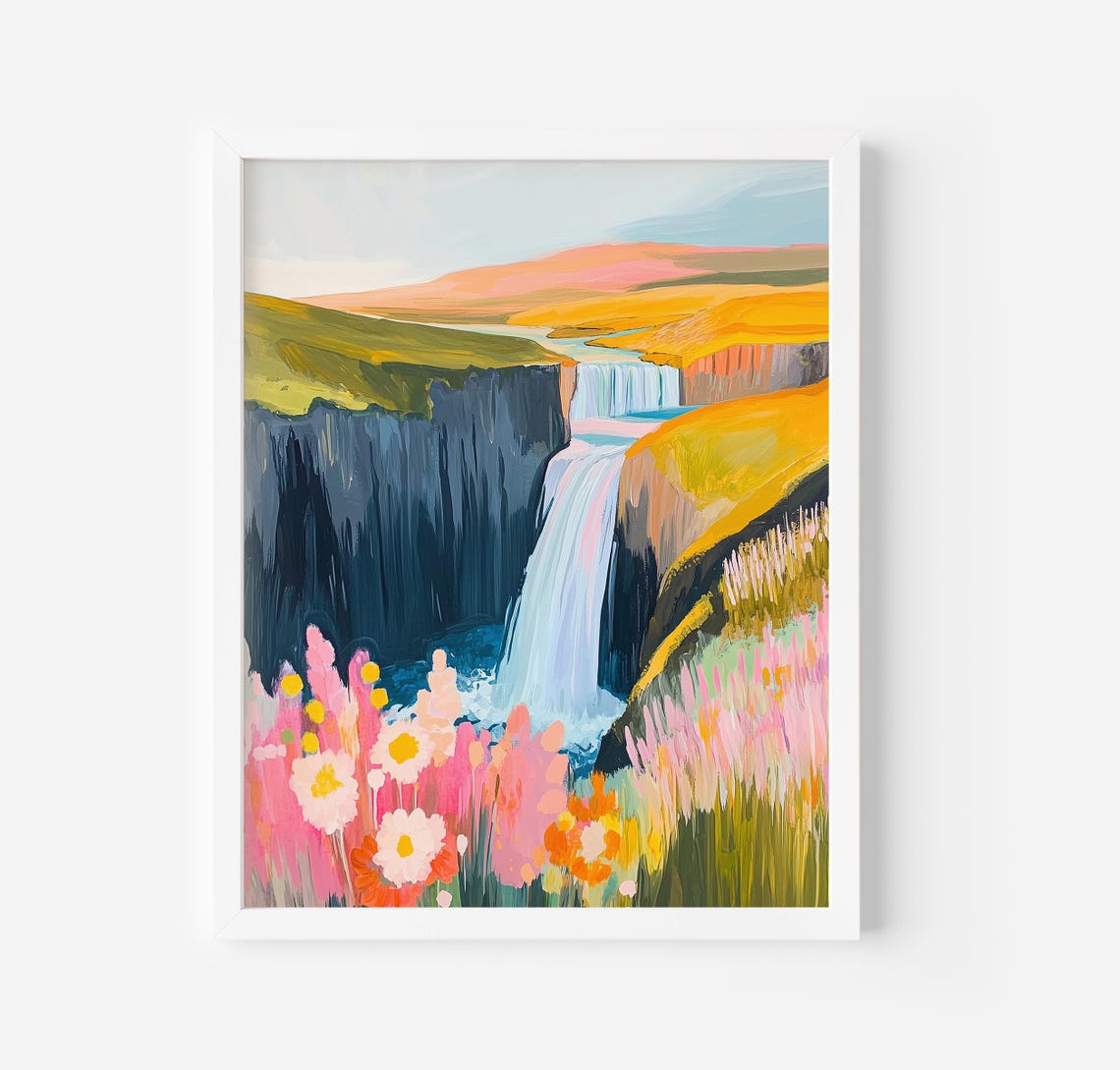 Cliff Waterfall With Pink Wildflowers Colorful Canyon Painting Poster