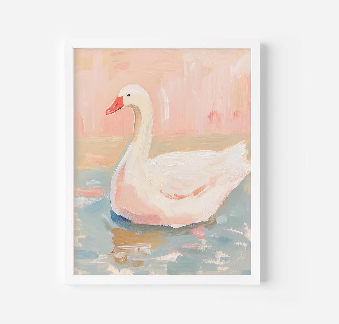 White Duck Swimming Soft Pastel Impressionist Pond Wildlife Art Poster