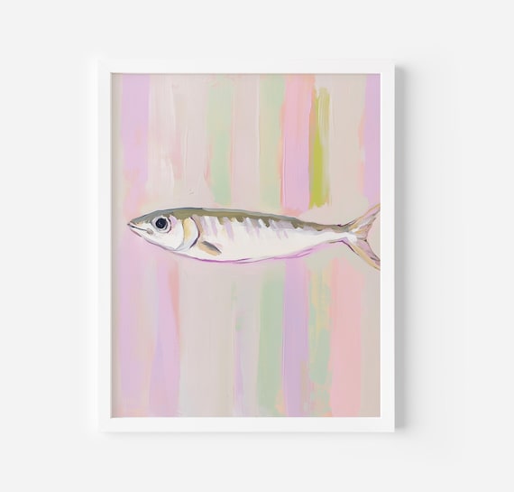 Sardine Fish On Pastel Stripes Modern Seafood Kitchen Poster