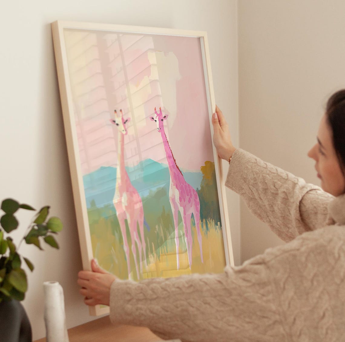 Two Pink Giraffes in Pastel Savanna Cute Nursery Wildlife Poster - Image 3