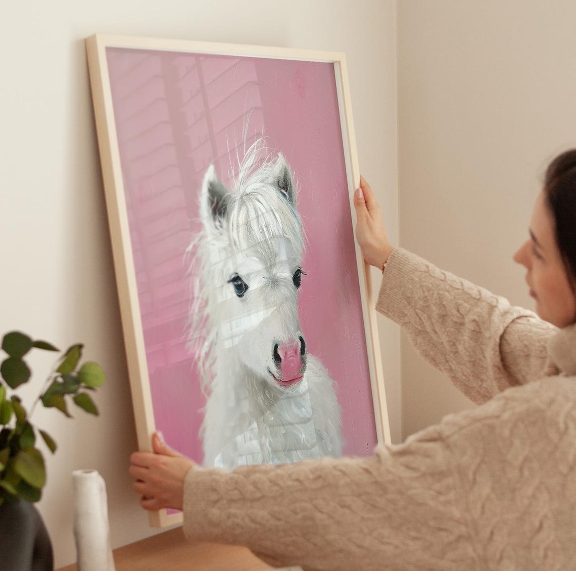 Fluffy White Pony Portrait On Pink Background Farmhouse Poster - Image 3
