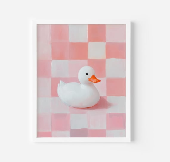 Cute Duck Painting Checkered Print Trendy Girly Art Pink Duck Wall Art Modern Pastel Poster Nursery Girly Pink Art Bathroom