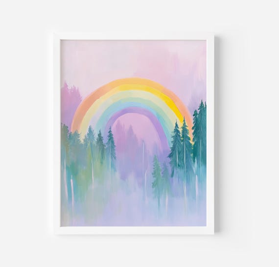 Vintage Rainbow Forest Painting Rainbow Nursery Print Rainbow Room Decor Rainbow Sketch Print Retro Soft Aesthetic Home Decor
