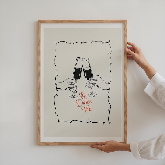 La Dolce Vita Cheers Hands Clinking Wine Glasses Retro Line Poster