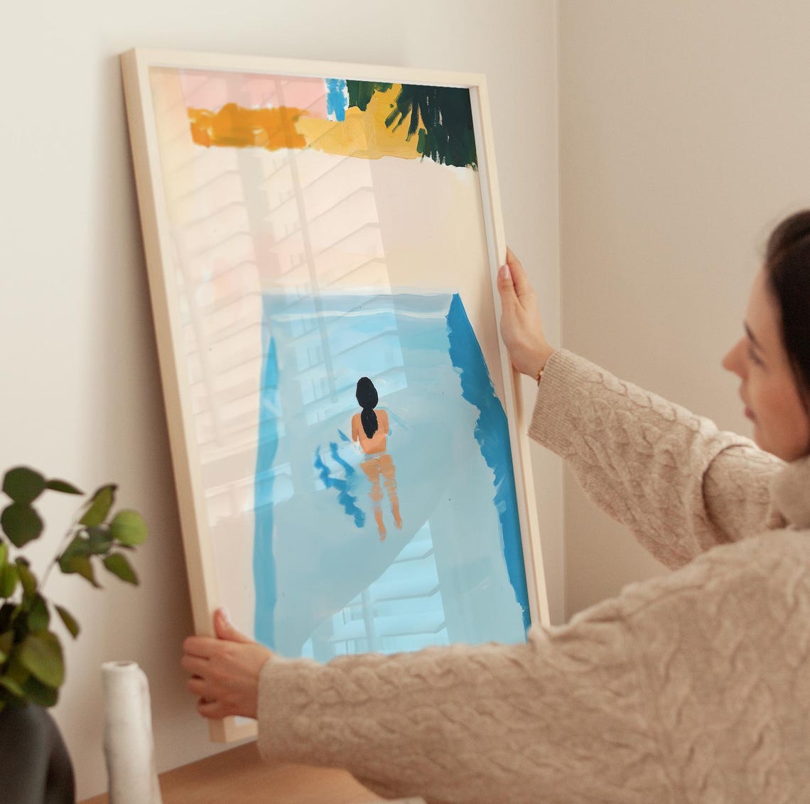 Retro Swimming Pool Art Print Girl Swimming Painting Abstract Painting Summer Tropical Decor Woman Swimming Pool Wall Art Still Life Art - Image 3