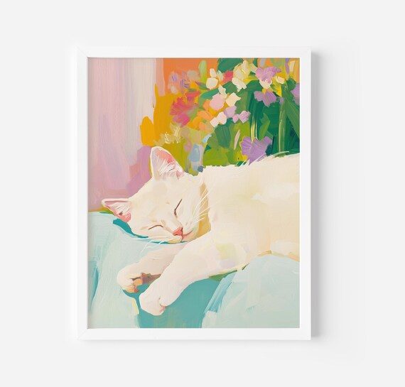 Cute Sleeping Kitten Wall Art Cat Trendy Room Decor Acrylic Painting Soft Colours Cozy Cat Art Whimsical Sleeping Cat Wall Art