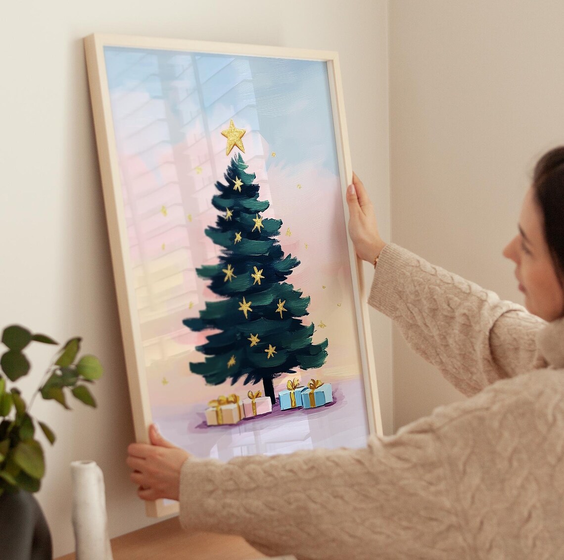 Green Christmas Tree With Gold Stars And Gifts Pastel Sky Art Poster - Image 3