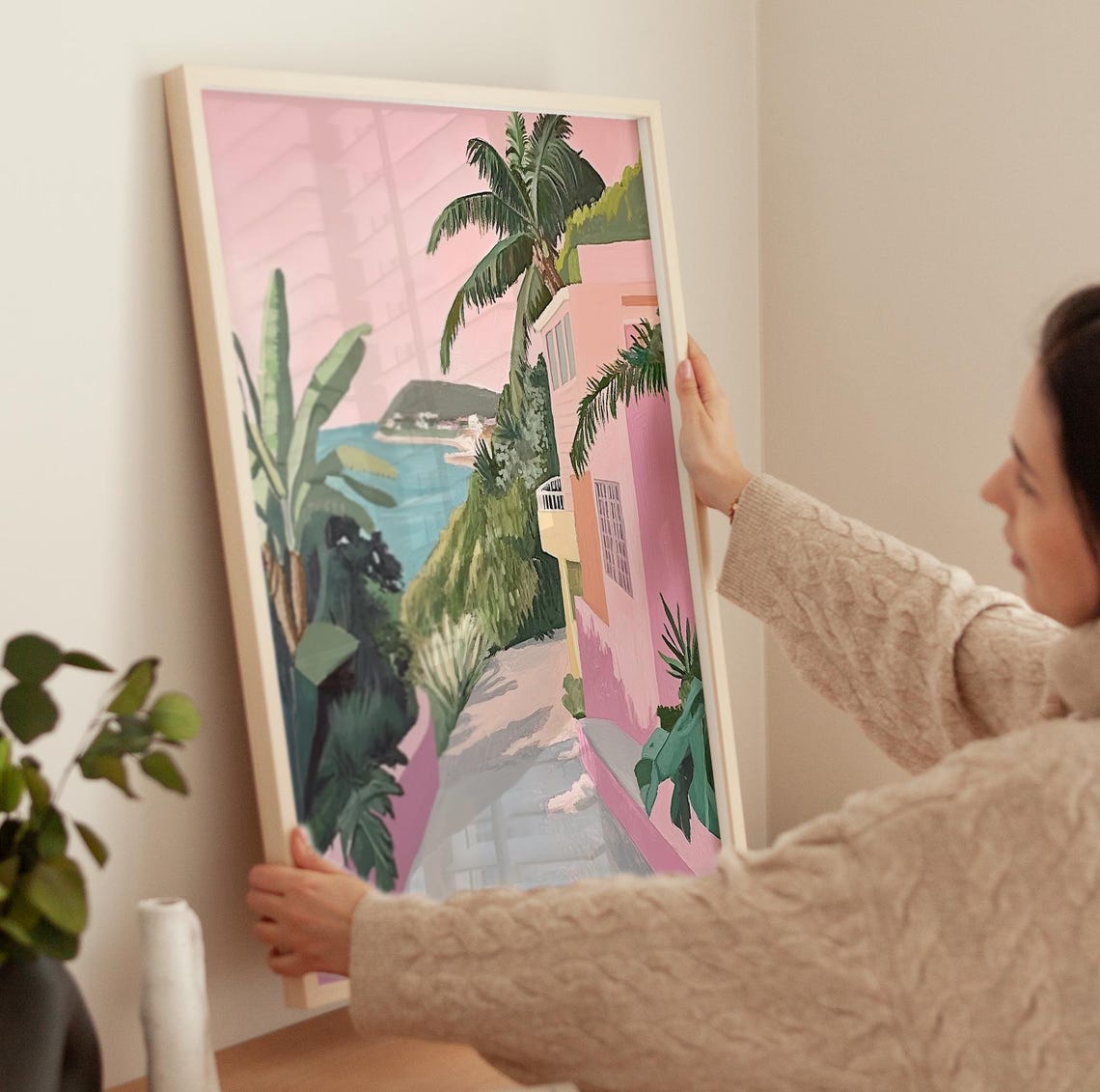 Pink Villa With Palm Trees Overlooking Turquoise Bay Coastal Poster - Image 3