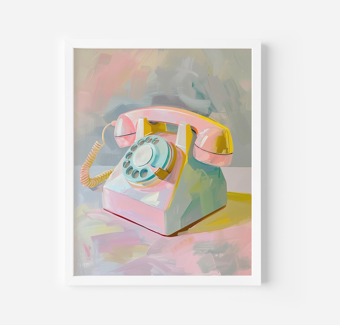 Retro Pink Rotary Telephone Minimalist Painting Home Office Poster