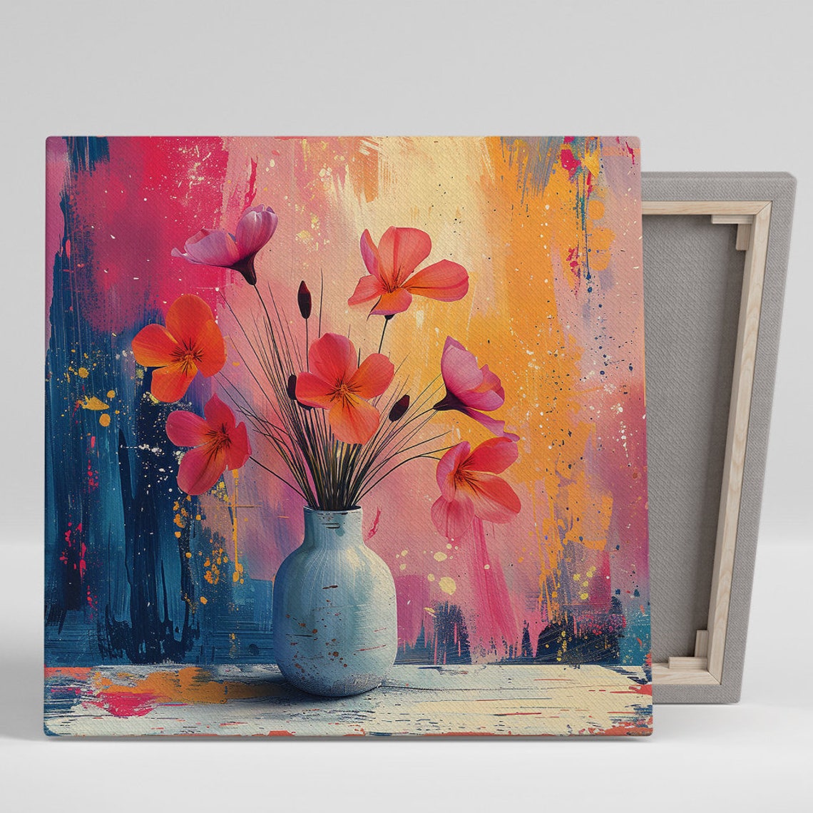 Orange Poppy Bloom Blue Vase Abstract Vibrant Color Splash Art Poster