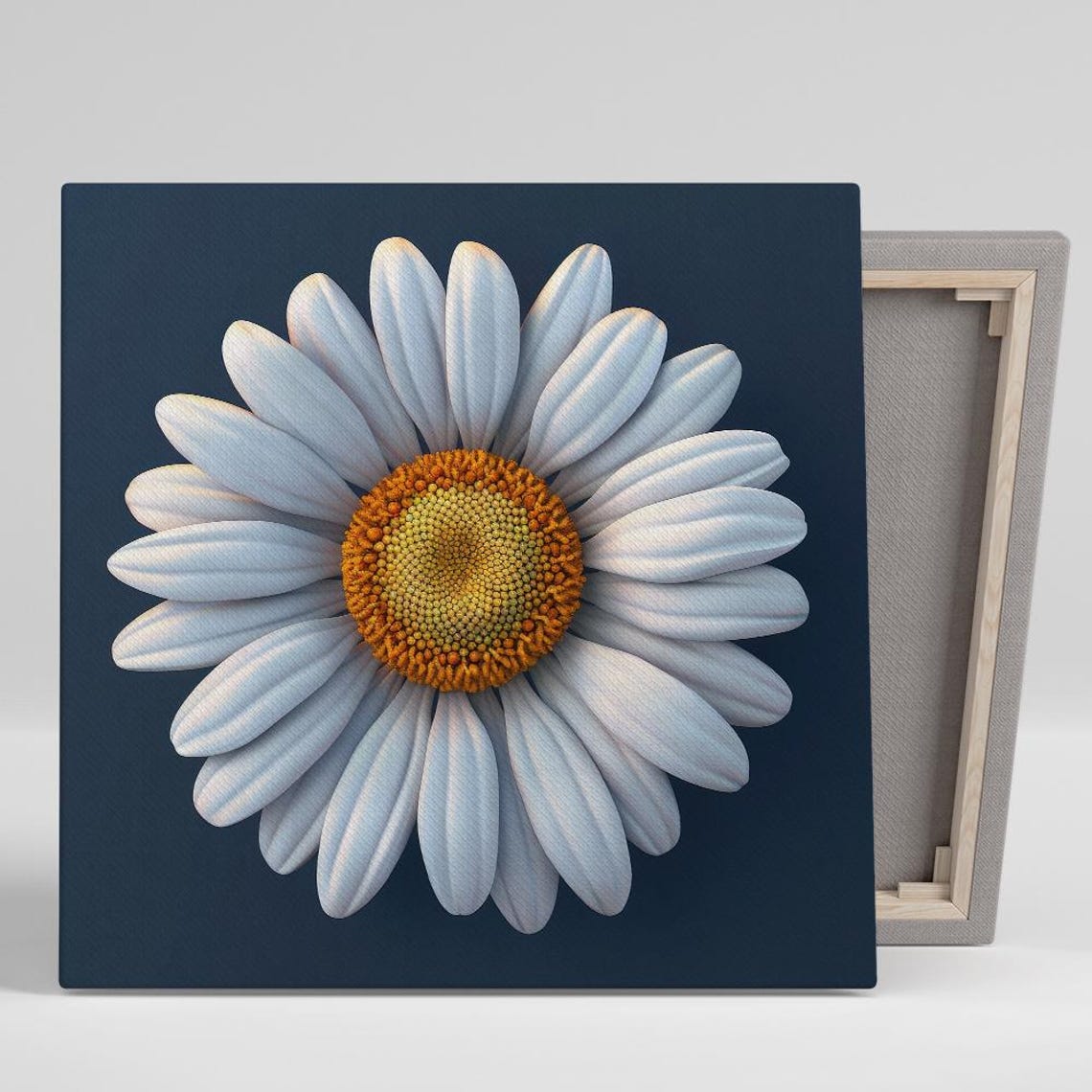 White Daisy Amber Center Navy Blue Minimalist Modern Flower Poster