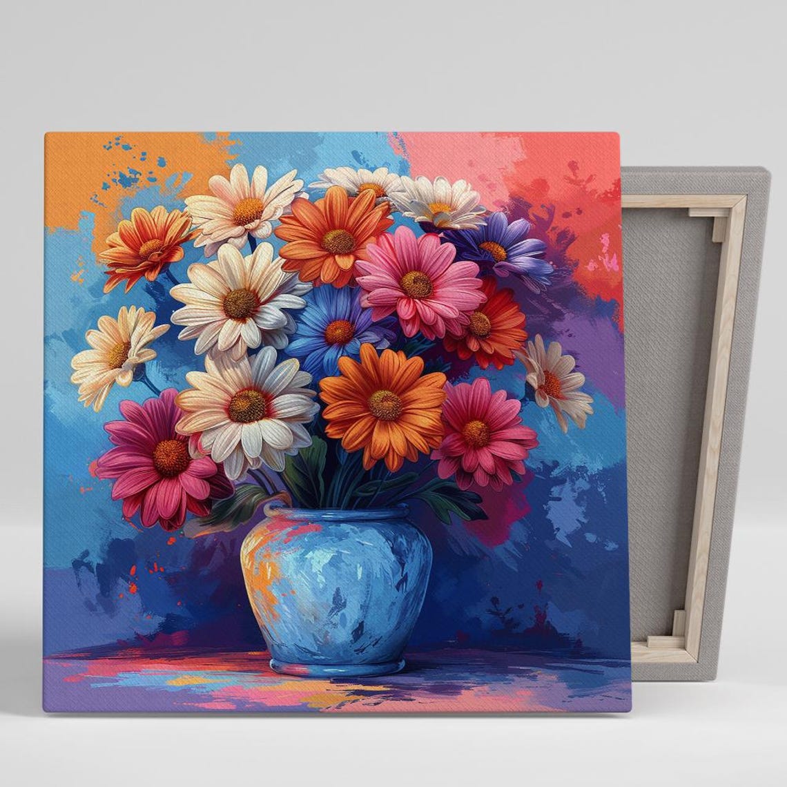 Colorful Daisy Bouquet In Blue Vase Bold Floral Painting Poster