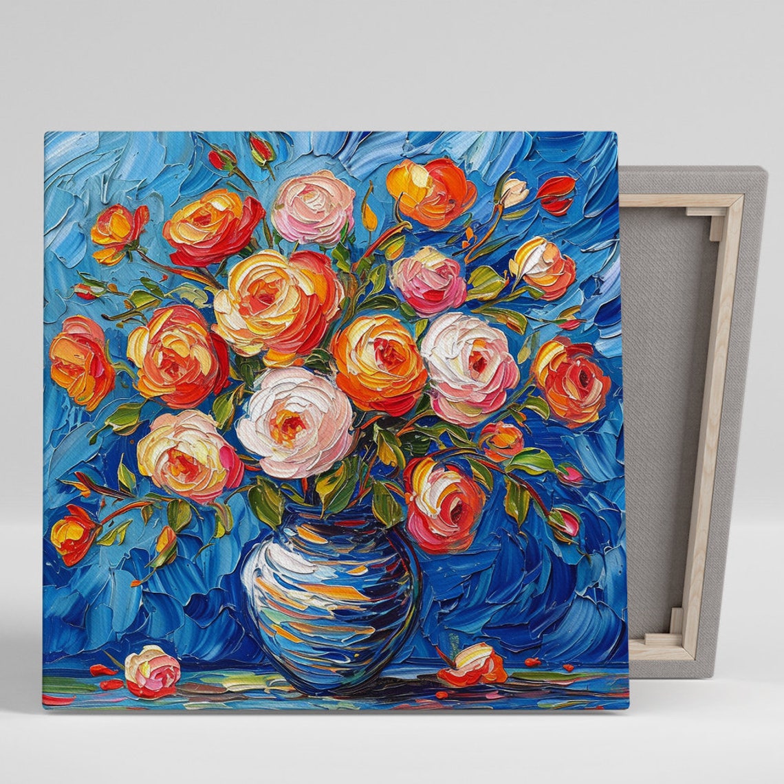 Rose Bouquet Impasto Oil Painting Swirling Blue Background Art Poster