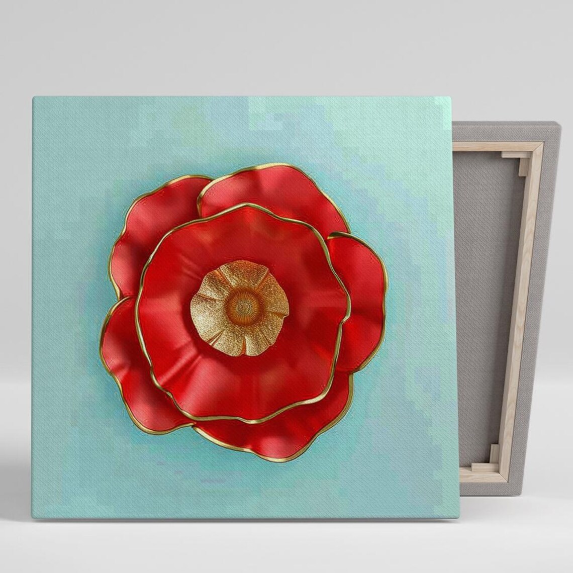 Red Poppy Gold Trim Golden Center Turquoise Minimalist Floral Poster