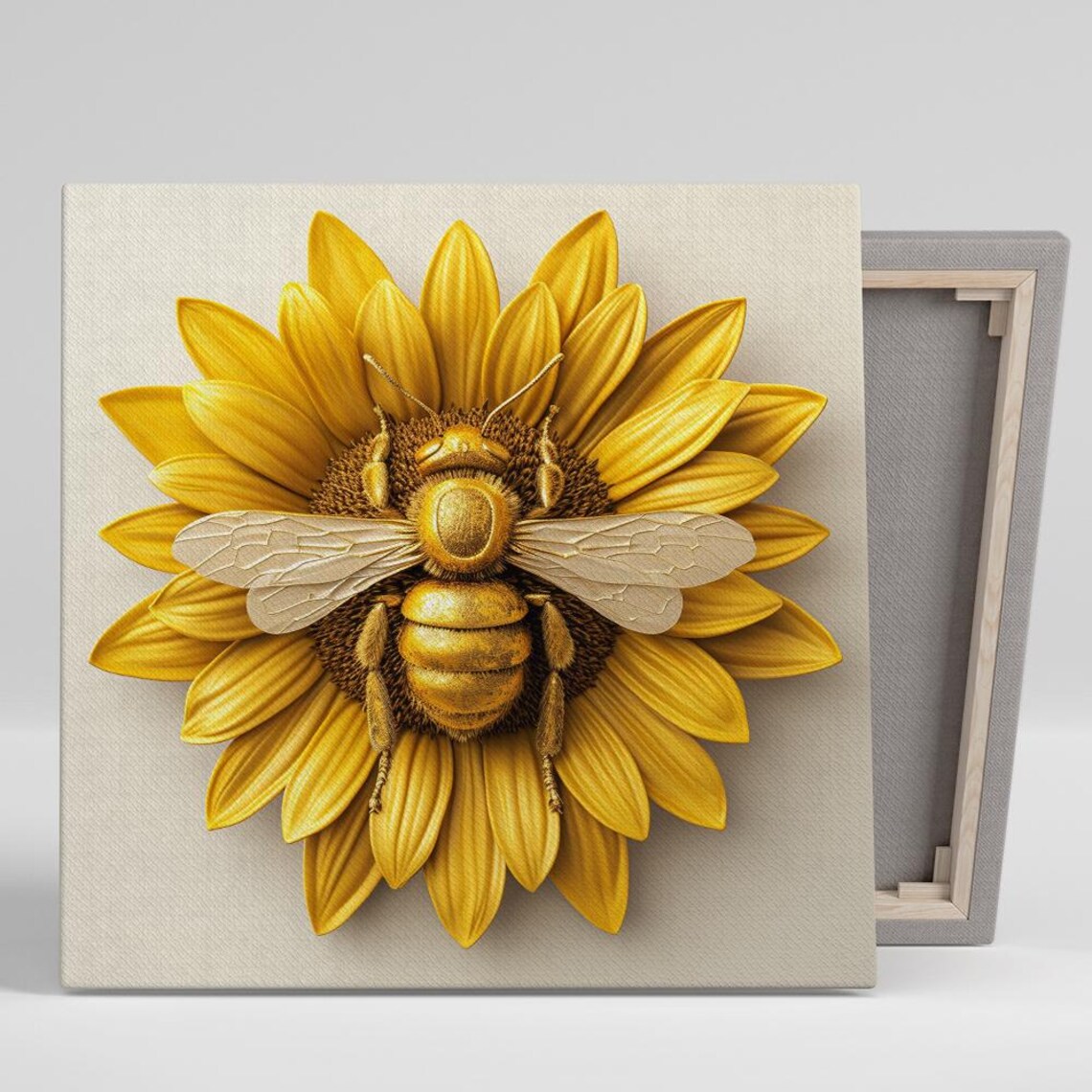 Golden Sunflower with Bee 3D Relief Floral Art Cream Background Poster