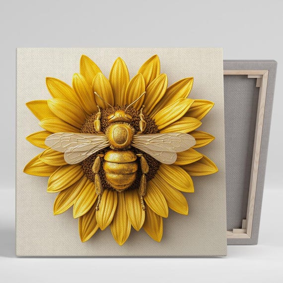 Sunflower And Bee Art Or Poster Floral Nature Modern Decor Living Room Bedroom Office Dining Wall Art Yellow Gold White Brown