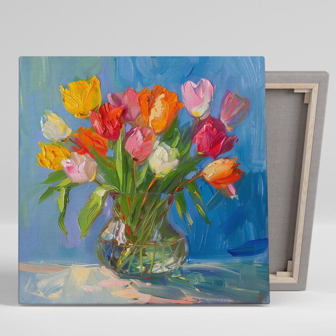 Colorful Tulip Bouquet Glass Vase Blue Impasto Floral Poster