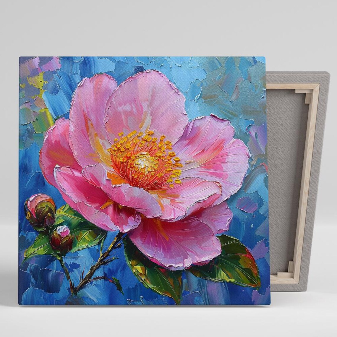 Pink Peony Flower Impasto Oil Painting Blue Background Art Poster
