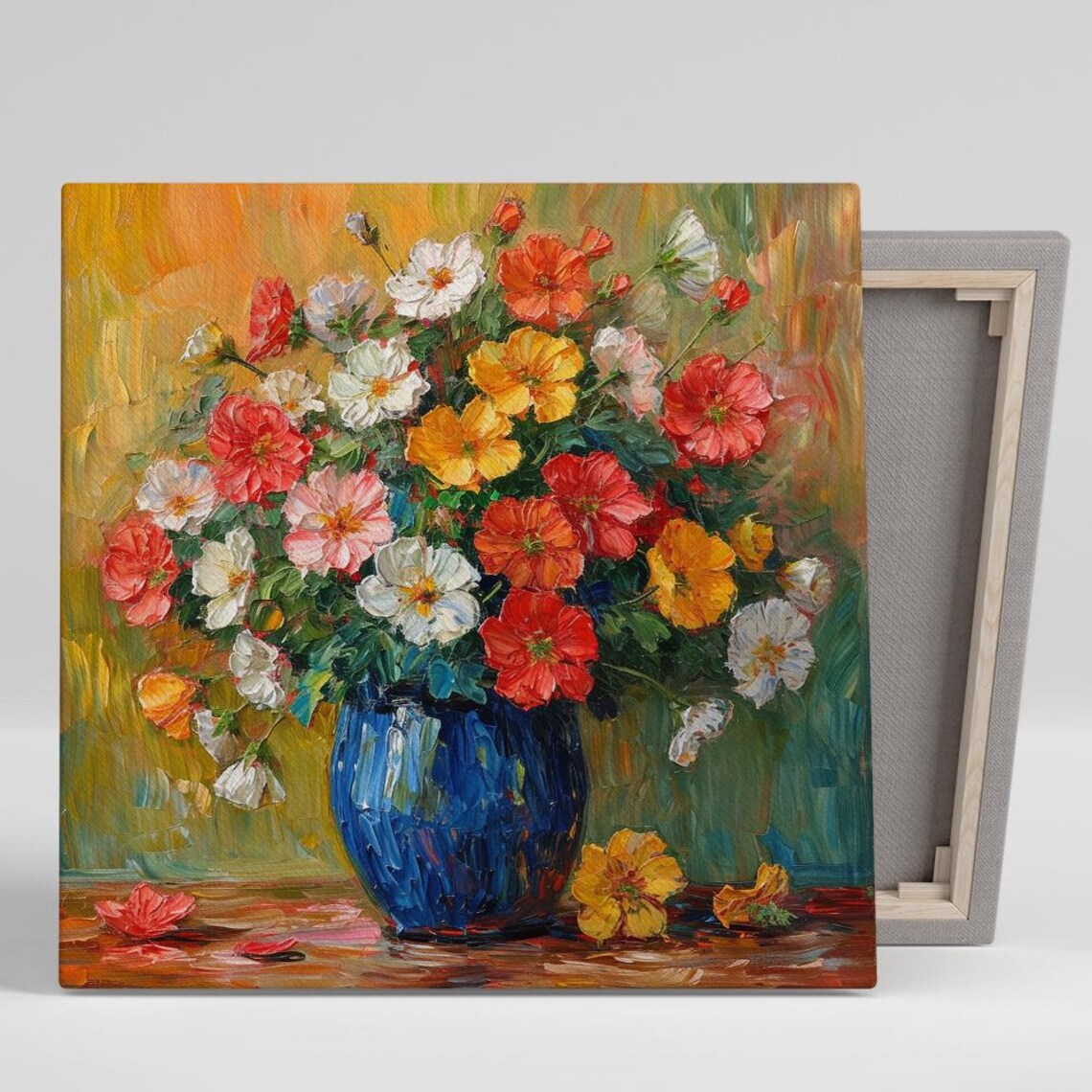 Impressionist Cosmos Bouquet in Blue Vase Colorful Floral Art Poster