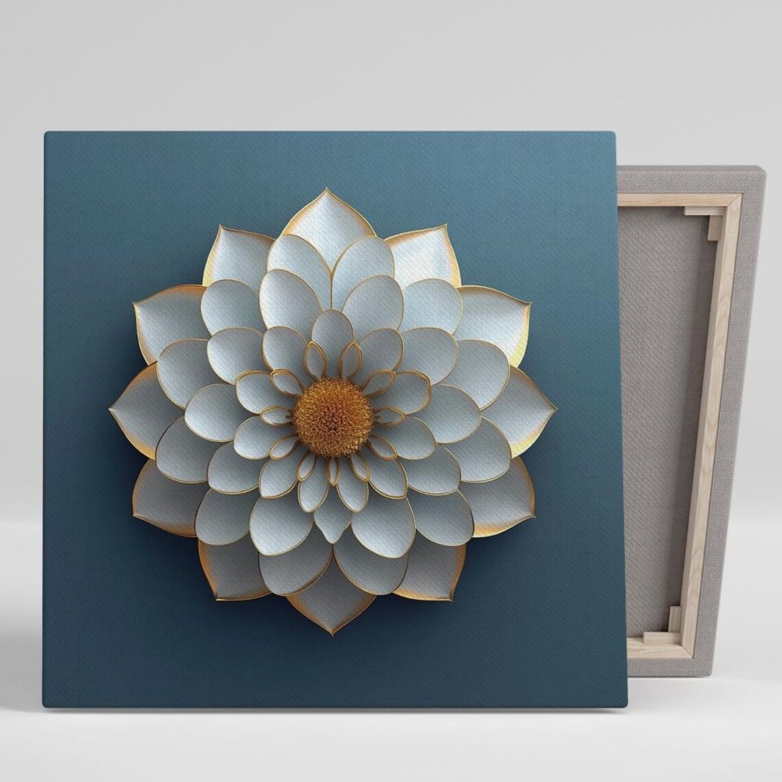 White Paper Quilling Dahlia Flower 3D Navy Background Art Poster