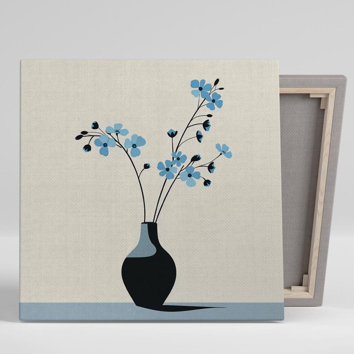 Minimalist Blue Wildflower Line Art Black Vase Modern Wall Art
