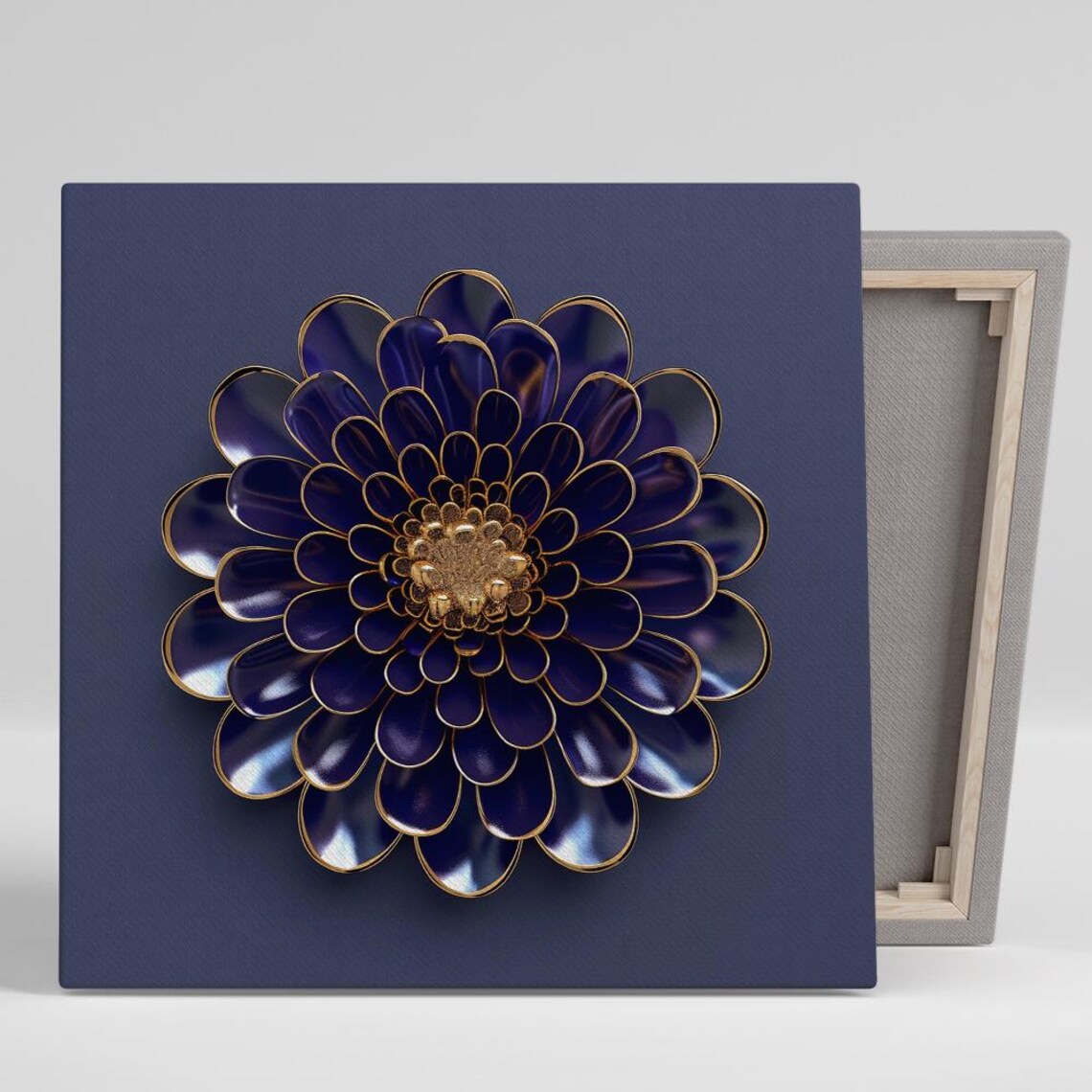 Navy Blue Dahlia Gold Trimmed Petals Royal Floral Elegance Poster