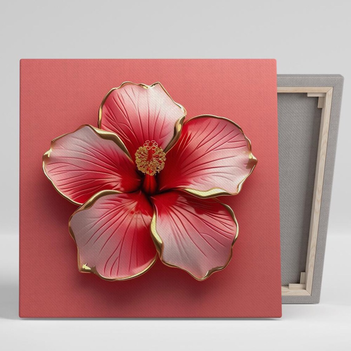 Red Hibiscus Gold Edges Tropical 3D Bloom Coral Background Art Poster