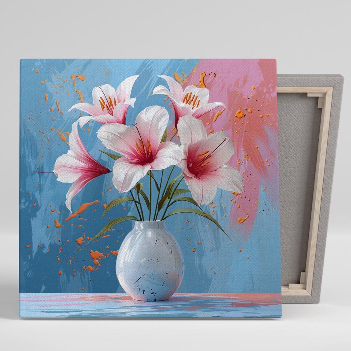 White Pink Lilies Vase Painterly Splatter Artistic Floral Poster