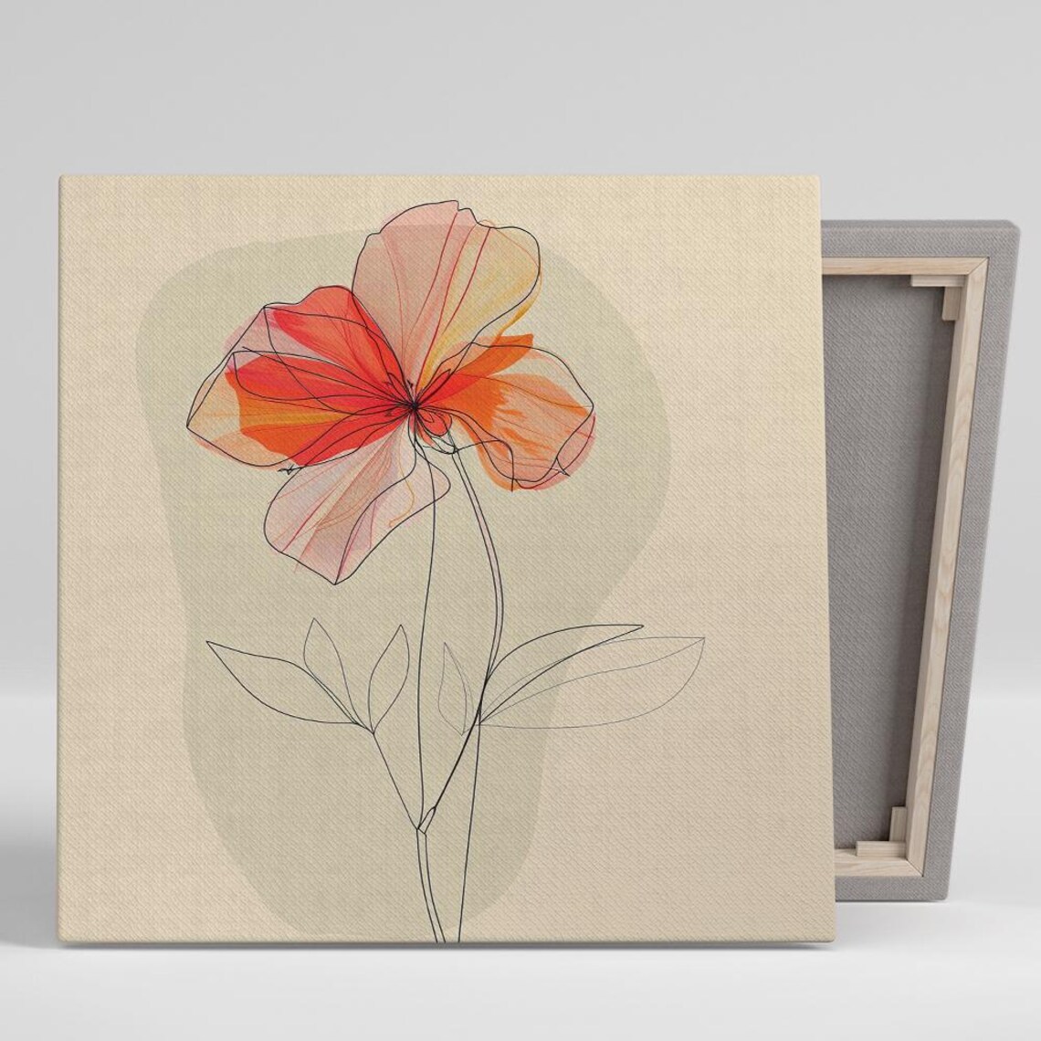Red Orange Peony Line Art Watercolor Minimalist Abstract Floral Poster