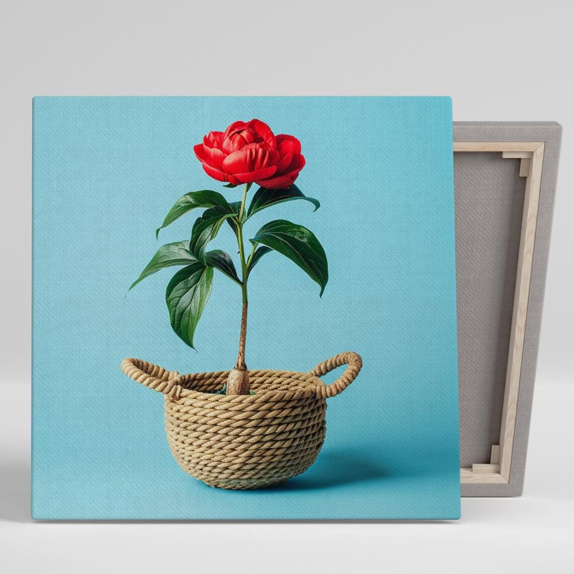 Single Red Peony in Woven Jute Basket Sky Blue Minimalist Poster