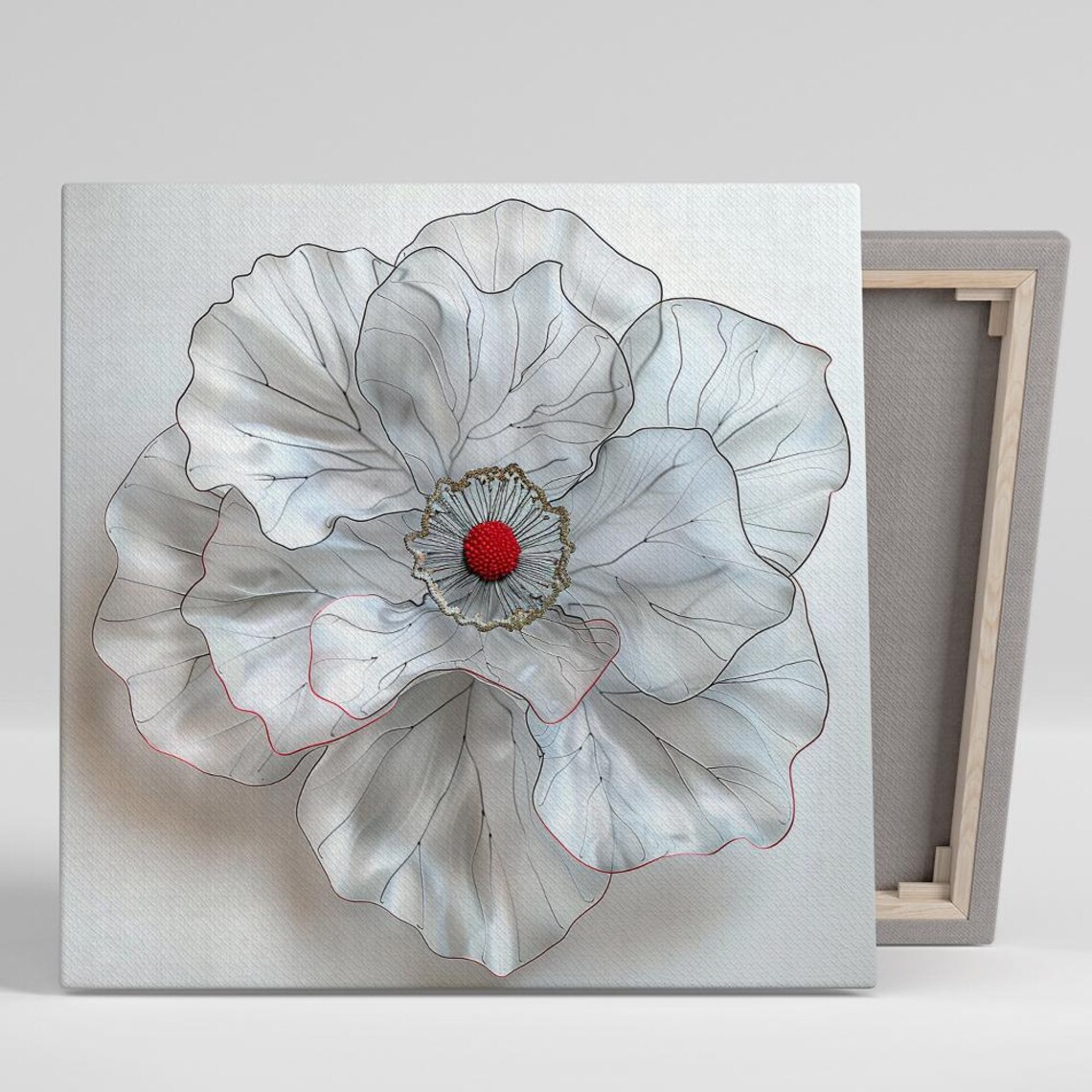 White Poppy Red Center Gold Edge Glam Minimalist Floral Art Poster