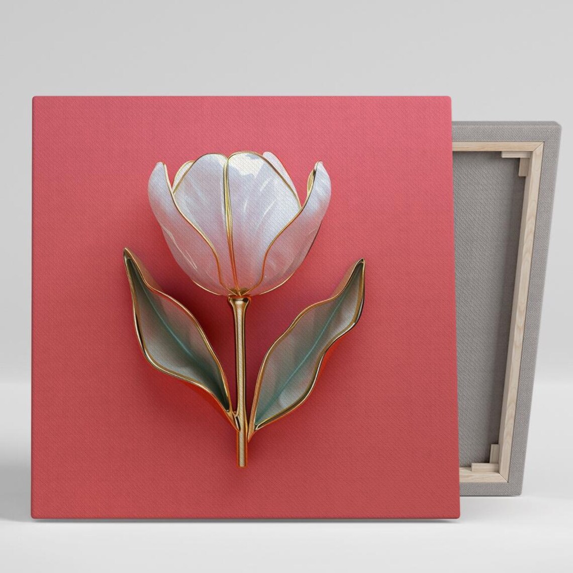 White Tulip Gold Trim 3D Glam Coral Pink Modern Floral Print