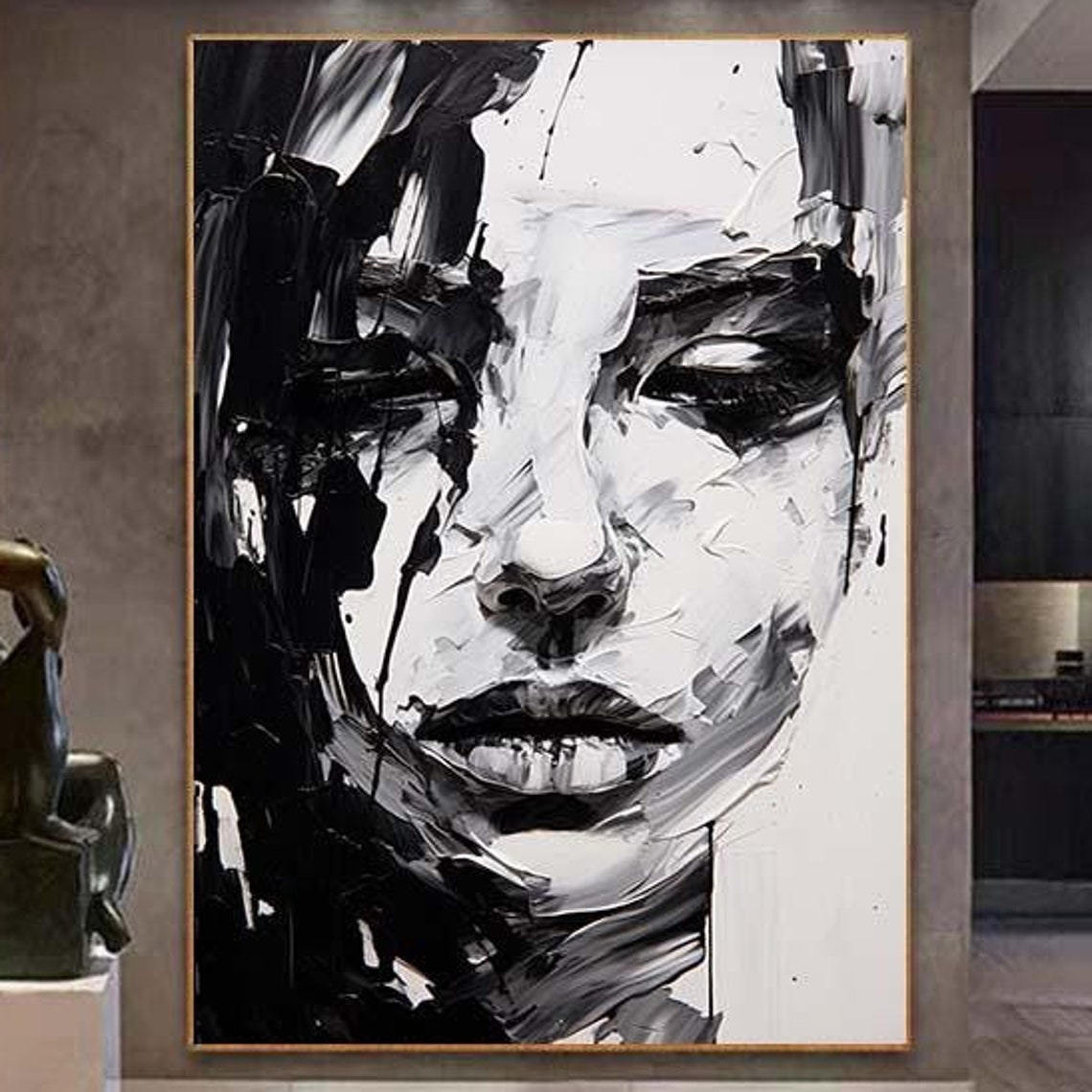 Large Black And White Painting Original Woman Painting On Black And White Female Portrait Black And White Art Oil Paintings On
