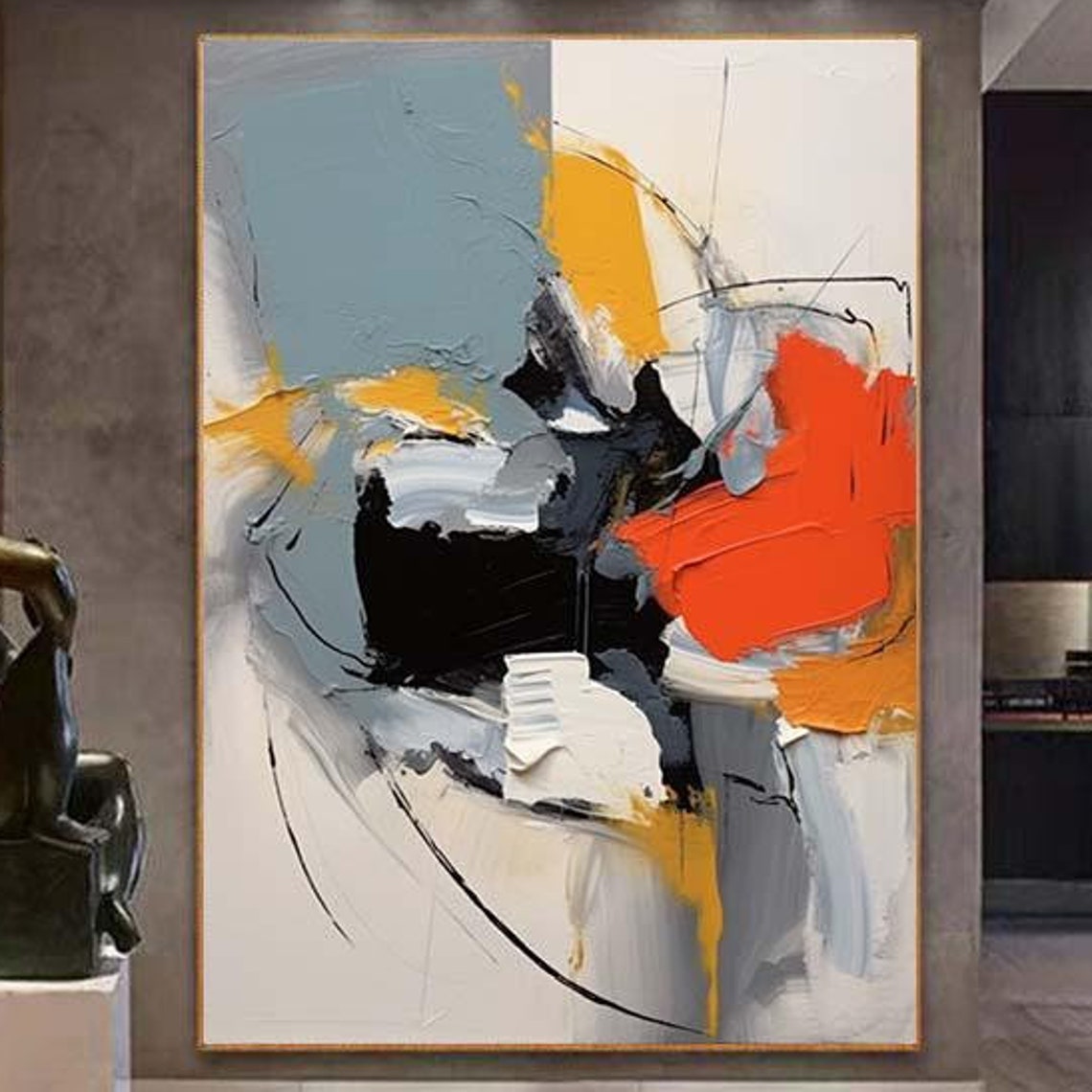 Orange Blue Black Bold Modern Abstract 3D Textured Painting Poster