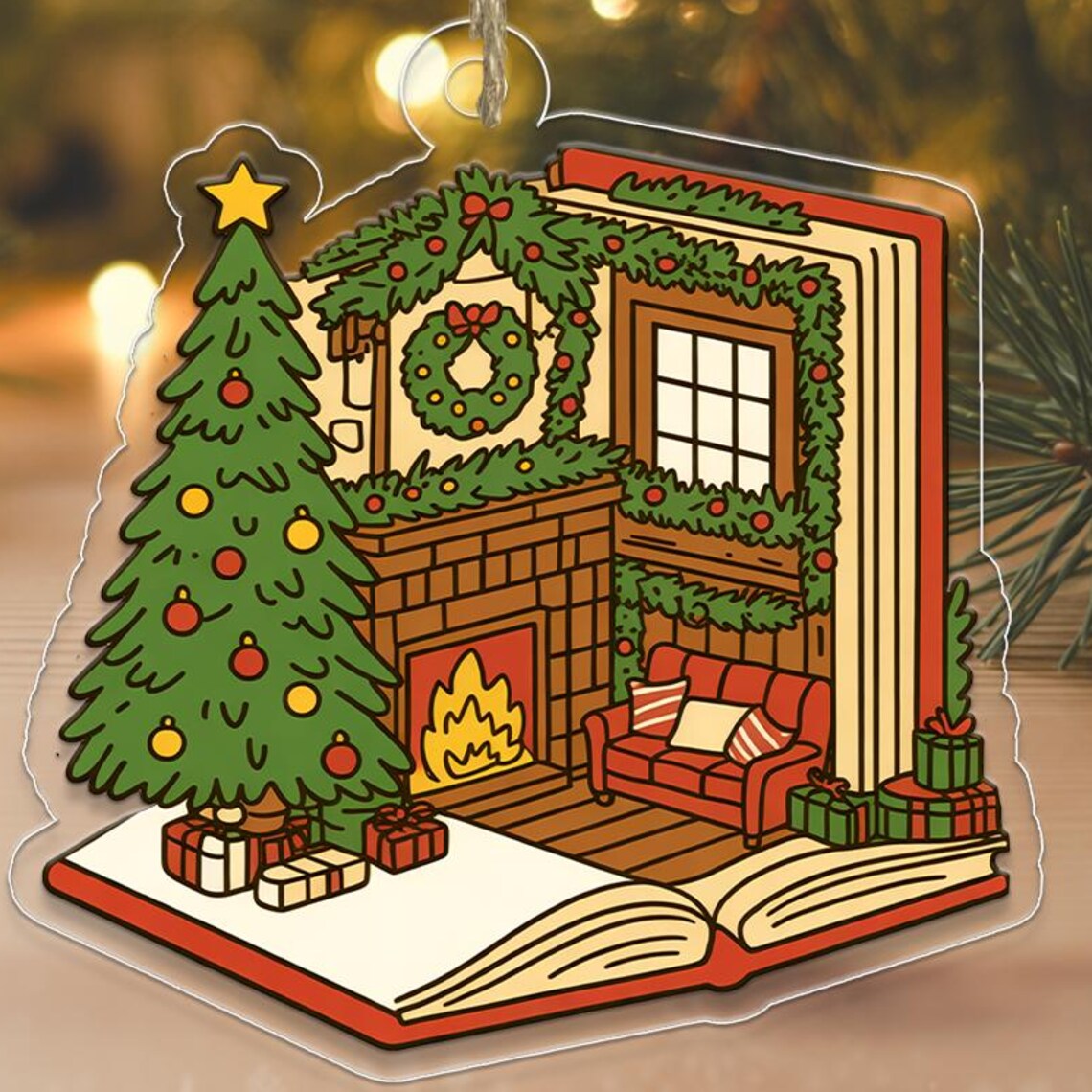 Christmas Story Book Open Cozy Fireplace Scene Acrylic Ornament Wall Art