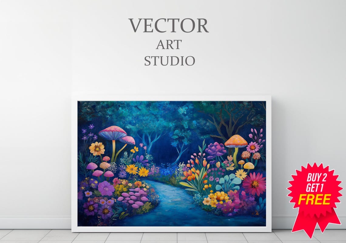 Moonlit Enchanted Garden With Glowing Mushrooms Night Poster - Image 3