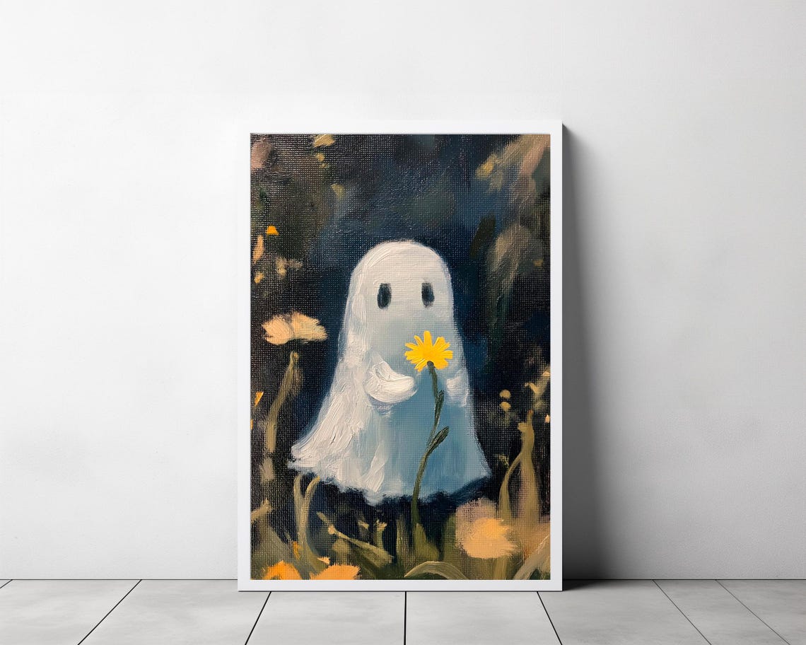 Tiny Ghost Holding a Daisy Among Wildflowers Dark Night Poster - Image 3