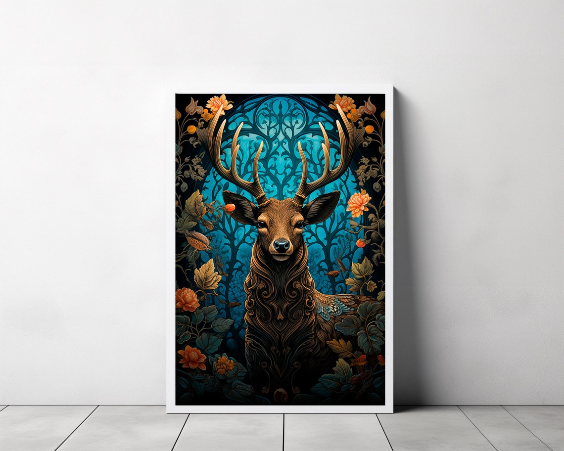 Majestic Stag Beneath A Blue Stained Glass Arch Winter Poster - Image 3