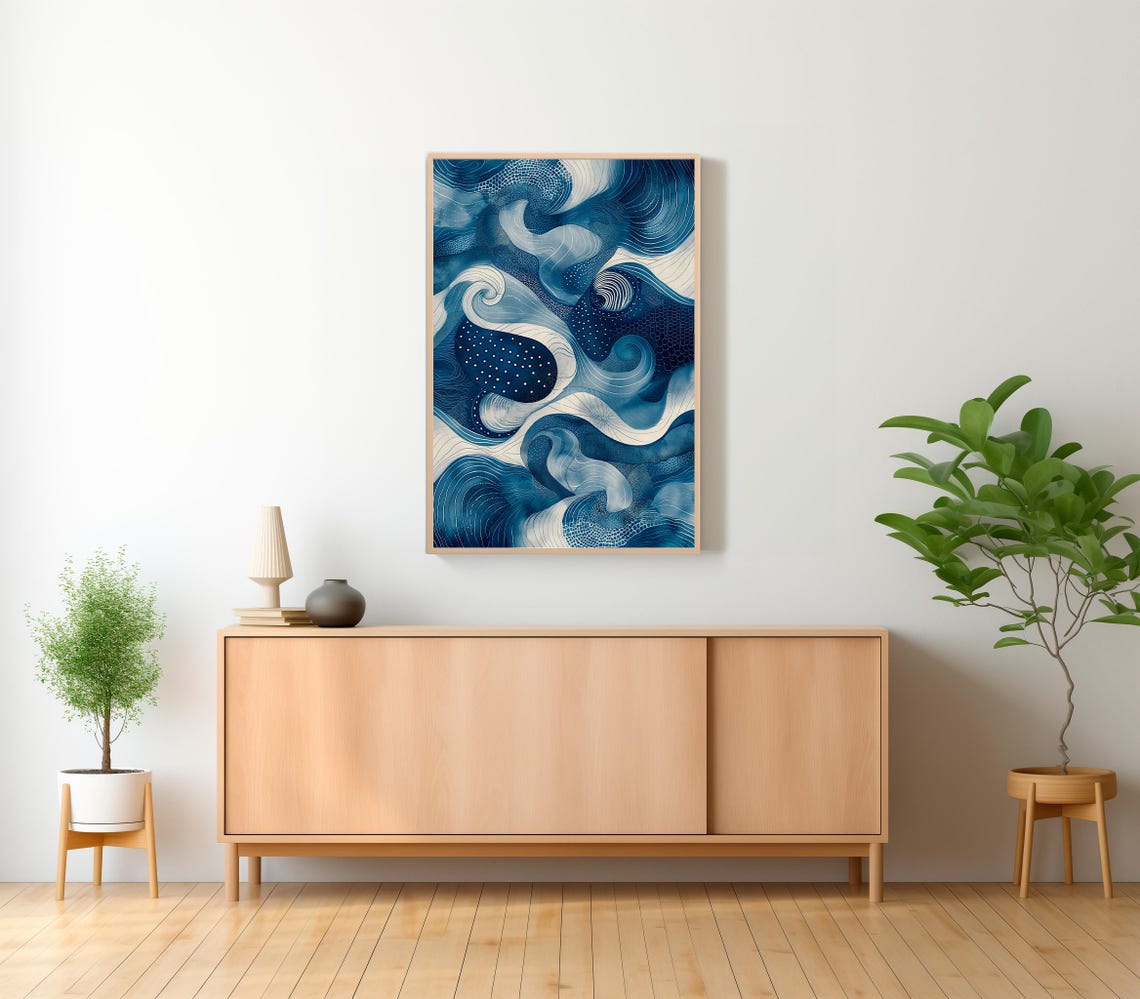 Dark Blue Denim Style Swirling Ocean Waves Abstract Art Poster - Image 2