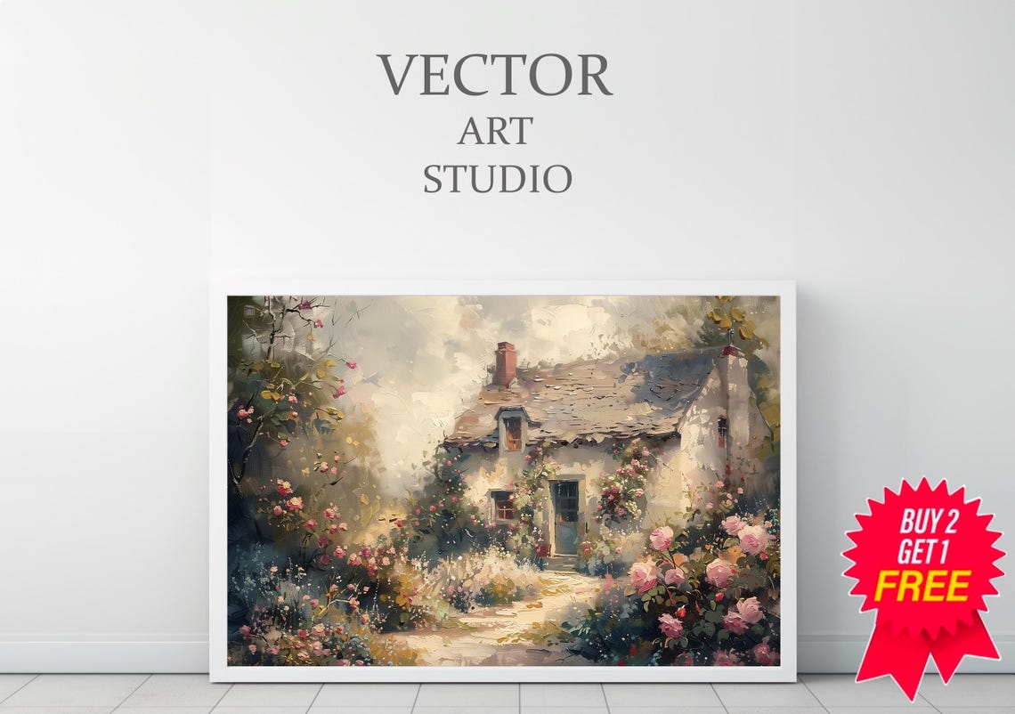 Stone Cottage Covered In Blooming Roses Garden Oil Painting Poster - Image 3