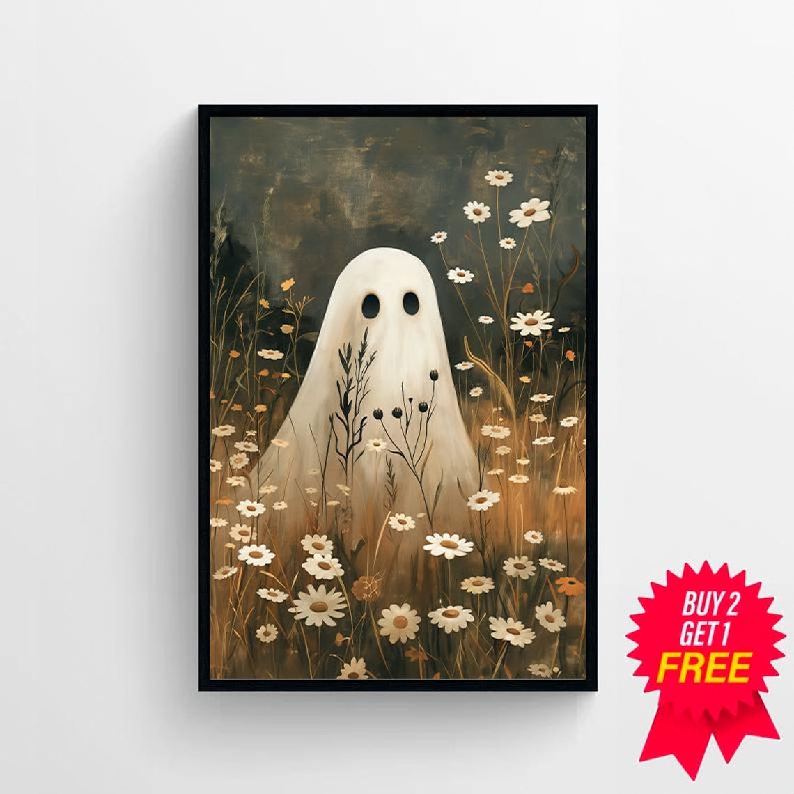 Cute Ghost in Daisy Meadow Dark Vintage Halloween Decor Poster - Image 4