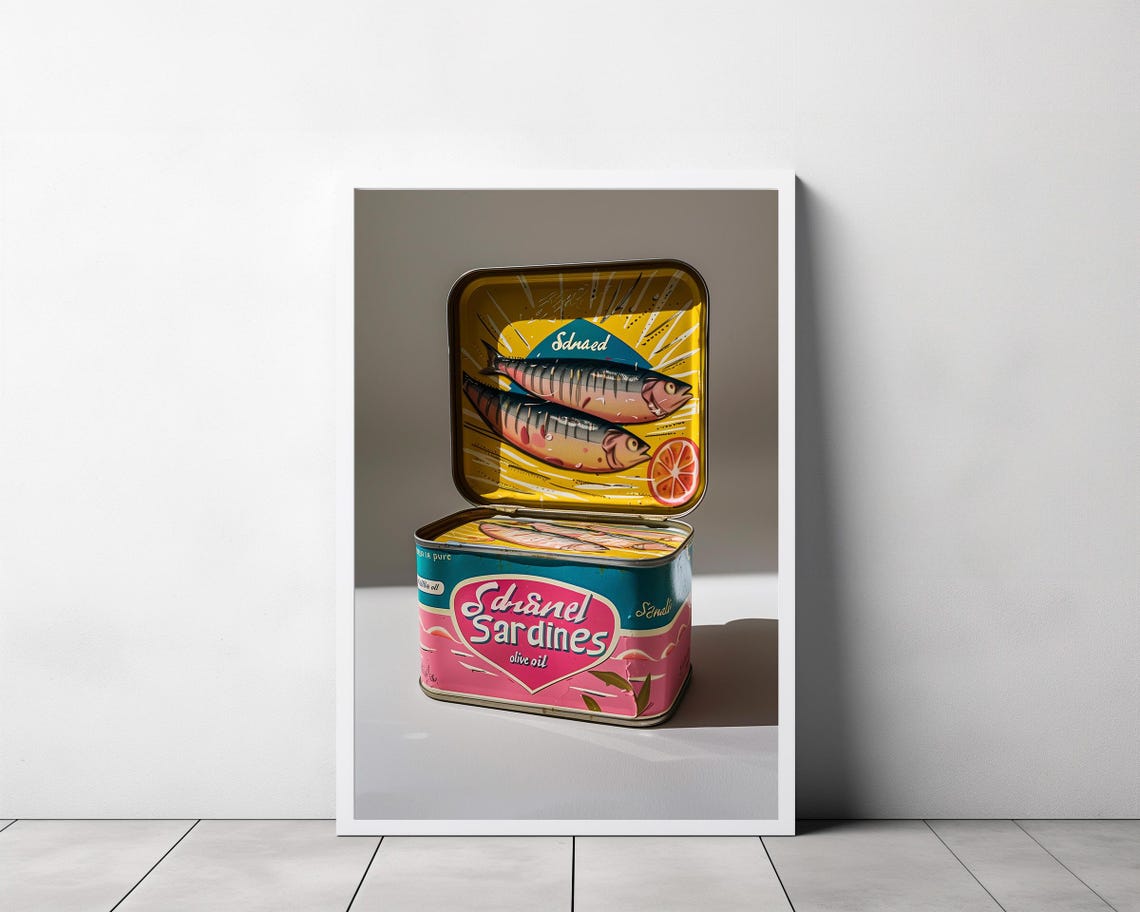 Open Sardine Tin with Retro Colorful Label Quirky Kitchen Art Poster - Image 3
