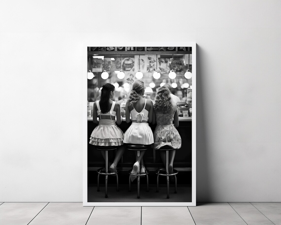 Women Drinking At Bar, Black-And-White Retro Art Print - Image 3